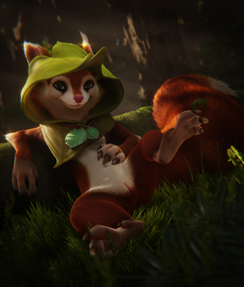 anthro cape clothing dota feet female forest fur genitals hi_res hood hoodwink_(dota) mammal outside paws plant red_body red_fur rodent sciurid smug solo tail_tuft toes tree tree_squirrel tuft video_games vlad-lox white_body