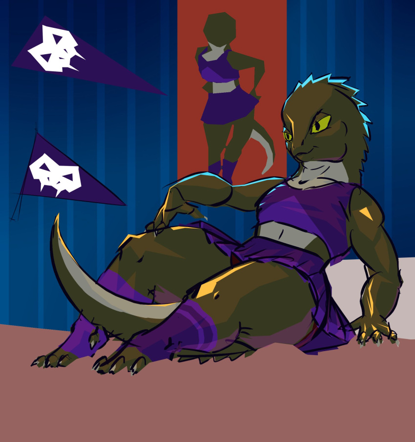 anthro beckoning bedroom_setting cheerleader cheerleader_outfit clothing crocodilian female gesture greenpolygon hi_res pinup pose poster purple_clothing reptile reptoid scalie solo thick_tail thick_thighs