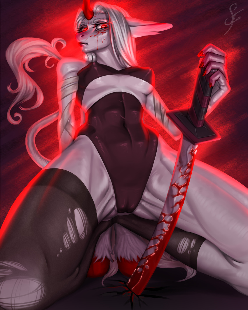 absurd_res anthro blood bodily_fluids breasts female hi_res horn illustration katana melee_weapon pinup pose solo stoking stronkfurry sword tail weapon