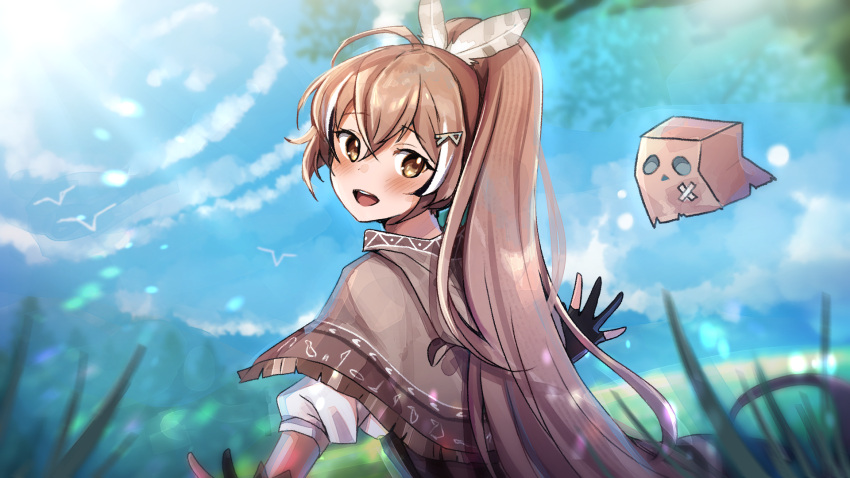 1girl animal bag bangs bird black_gloves blurry blurry_foreground brown_cloak brown_eyes brown_hair cloak commentary crossed_bangs day english_commentary feather_hair_ornament feathers friend_(nanashi_mumei) gloves hair_between_eyes hair_ornament hairclip hieroglyphics highres hololive hololive_english hood hooded_cloak long_hair looking_at_viewer looking_back maru_ccy multicolored_hair nanashi_mumei open_mouth outdoors paper_bag partially_fingerless_gloves ponytail shirt streaked_hair very_long_hair virtual_youtuber white_shirt