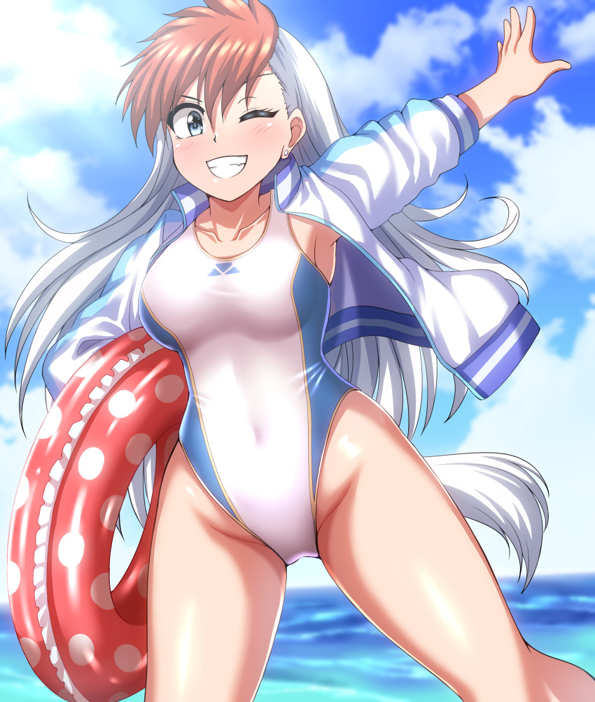 1girl absurdres blue_eyes blue_sky breasts cloud collarbone commentary_request competition_swimsuit covered_navel cowboy_shot day ghost_sweeper_mikami grin highres horizon innertube inuzuka_shiro jacket large_breasts letterman_jacket looking_at_viewer multicolored_clothes multicolored_hair multicolored_jacket ocean one-piece_swimsuit outdoors polka_dot_innertube red_hair sky smile solo swimsuit two-tone_hair two-tone_jacket white_hair white_swimsuit zanntetu