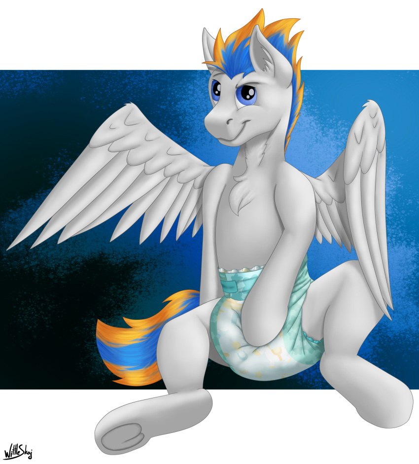 absurd_res diaper diaper_grope equid equine feral hi_res horse infantilism male mammal pegasus playful pony smile smiling_at_viewer sneer_(artist) solo thunder_heart wings wittleskaj