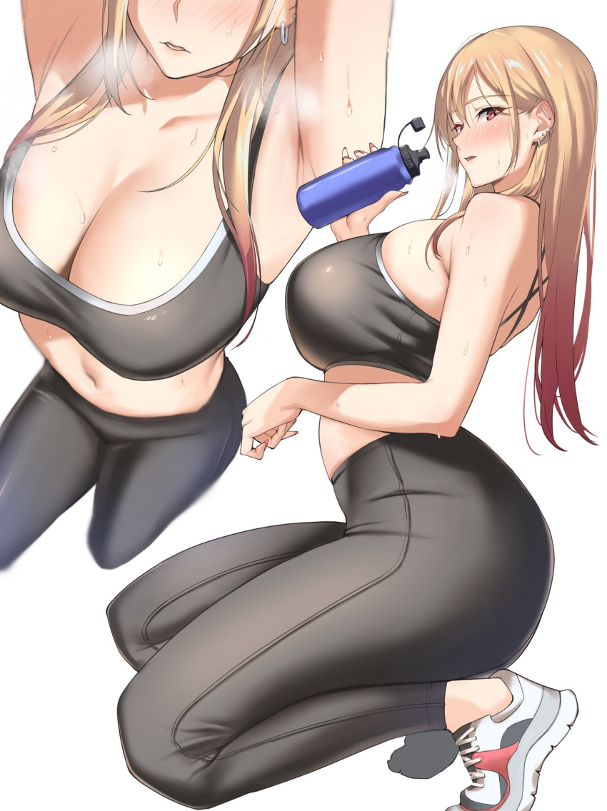 1girl alternate_costume arms_up blonde_hair blush bottle breasts breath cleavage collarbone ear_piercing earrings fake_nails from_above from_side full_body grey_pants grey_sports_bra head_out_of_frame highres holding holding_bottle ichinose_(ichinose1592) jewelry kitagawa_marin large_breasts long_hair midriff multiple_views navel pants parted_lips piercing pink_hair pink_nails red_eyes shoes simple_background skindentation sneakers sono_bisque_doll_wa_koi_wo_suru sports_bra sportswear stomach straight_hair sweat water_bottle white_background yoga_pants