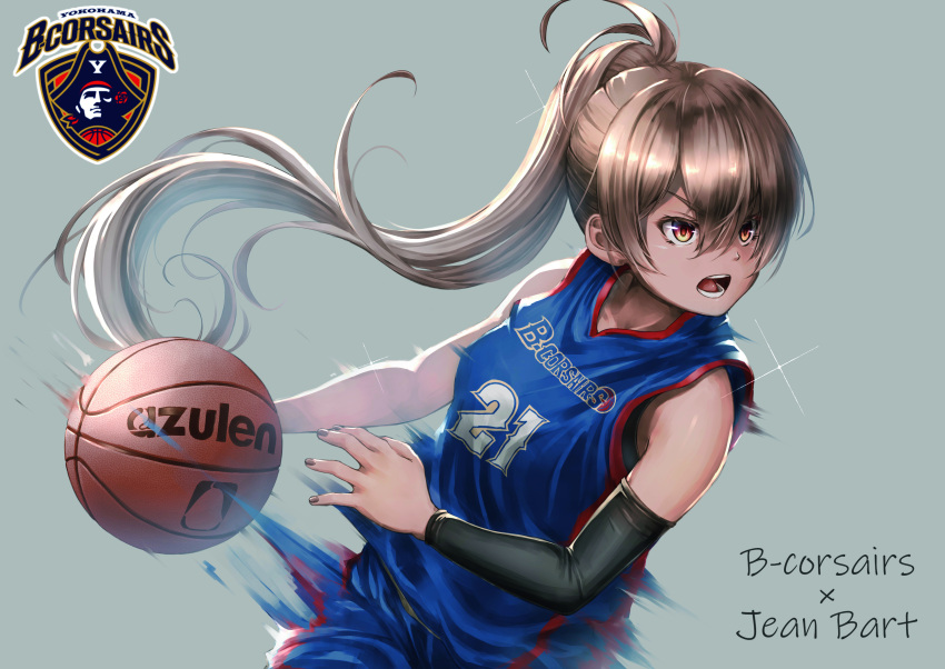 1girl absurdres afterimage arm_warmers azur_lane ball bangs bare_shoulders basketball basketball_uniform blue_shirt blue_shorts breasts brown_hair brown_nails character_name clothes_writing collarbone commentary_request cowboy_shot eyebrows_visible_through_hair floating_hair grey_background hair_between_eyes highres holding holding_ball jean_bart_(azur_lane) logo long_hair looking_to_the_side medium_breasts open_mouth ponytail red_eyes shirt shorts sidelocks simple_background solo sportswear standing teeth very_long_hair yakkuro