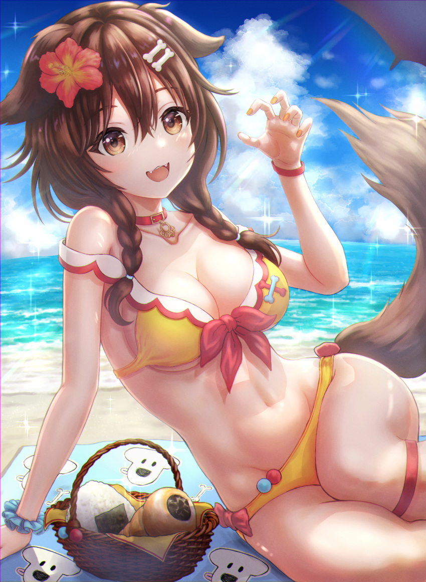 1girl absurdres animal_collar animal_ears arm_support bangs basket beach beach_towel bikini blue_sky bone bone_hair_ornament bow braid breasts brown_hair cleavage cloud collar collarbone commentary_request day dog_ears dog_tail flower food hair_between_eyes hair_flower hair_ornament hair_tie hairclip hibiscus highres hololive inugami_korone jewelry leg_strap long_hair medium_breasts navel ocean onigiri orange_nails paw_pendant paw_pose pendant picnic red_bow red_collar red_flower revision sand sitting sky sparkle strap_slip sunlight swimsuit tail thighs towel twin_braids virtual_youtuber wajuniorbox water yellow_bikini