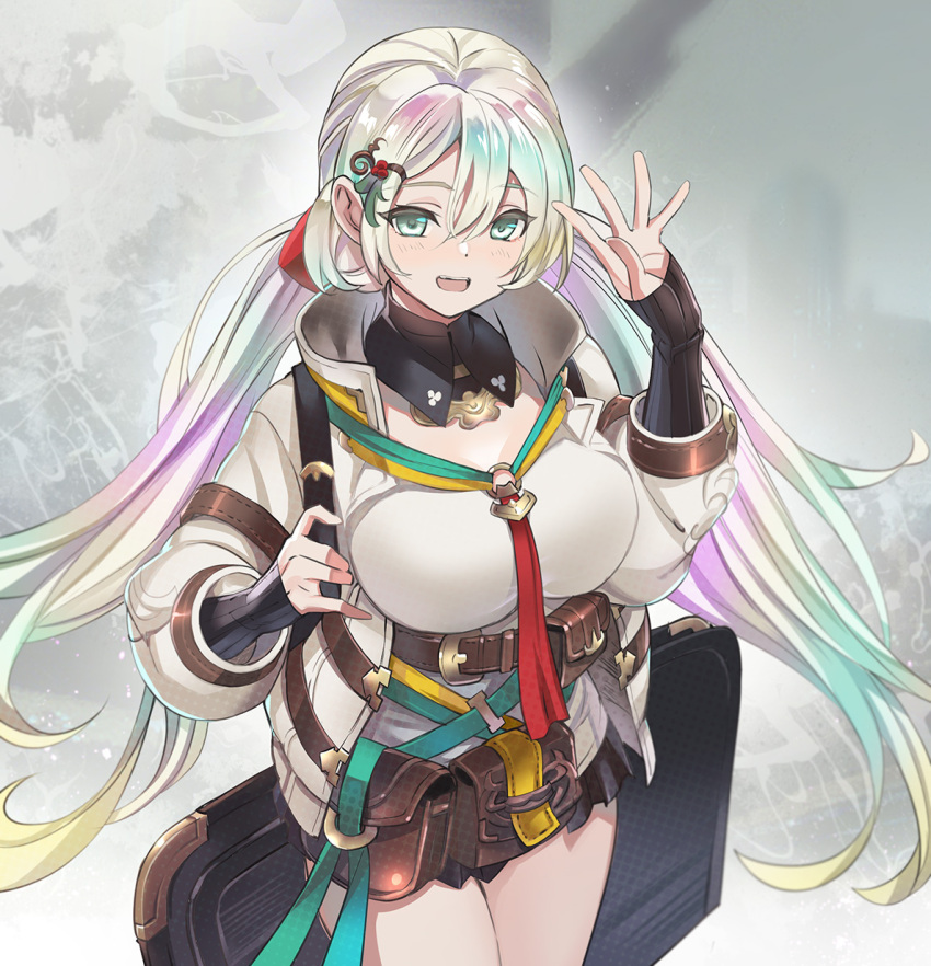 1girl bangs belt belt_pouch black_collar black_gloves black_skirt blonde_hair blush breasts brown_belt case collar commentary cowboy_shot cupitan_(granblue_fantasy) detached_collar eyebrows_visible_through_hair fingerless_gloves gloves gradient_hair granblue_fantasy green_eyes green_hair grey_hair hair_between_eyes hand_up high_collar highres large_breasts long_hair long_sleeves looking_at_viewer multicolored_hair nyoro_(nyoronyoro000) open_mouth pink_hair pouch puffy_long_sleeves puffy_sleeves rainbow_hair shirt skirt smile solo teeth twintails upper_teeth white_shirt