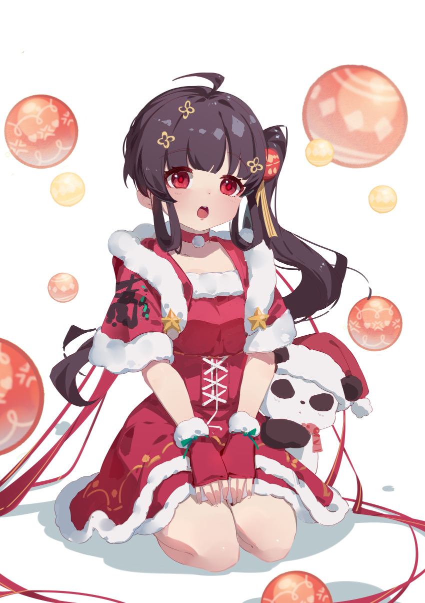 1girl :o absurdres ahoge ariakk bangs bear black_hair capelet chinese_commentary christmas commentary_request dress eyebrows_visible_through_hair fur-trimmed_capelet fur-trimmed_dress fur-trimmed_gloves fur_trim gloves hair_ornament hands_on_lap hat highres light_blush long_hair looking_at_viewer lucia_(punishing:_gray_raven) open_mouth polar_bear punishing:_gray_raven red_eyes santa_costume santa_dress santa_hat scarf seiza side_ponytail sidelocks sitting solo white_background