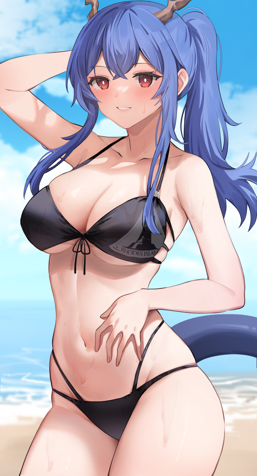 1girl absurdres arknights arm_up armpits bangs bikini black_bikini black_ribbon blue_hair blue_sky blush breasts bright_pupils ch'en_(arknights) ch'en_the_holungday_(arknights) cleavage collarbone cowboy_shot day dragon_girl dragon_horns dragon_tail eyebrows_visible_through_hair front-tie_bikini front-tie_top highres horns karacak large_breasts long_hair looking_at_viewer navel ocean outdoors parted_lips ponytail red_eyes ribbon sidelocks skindentation sky solo stomach swimsuit tail underboob water