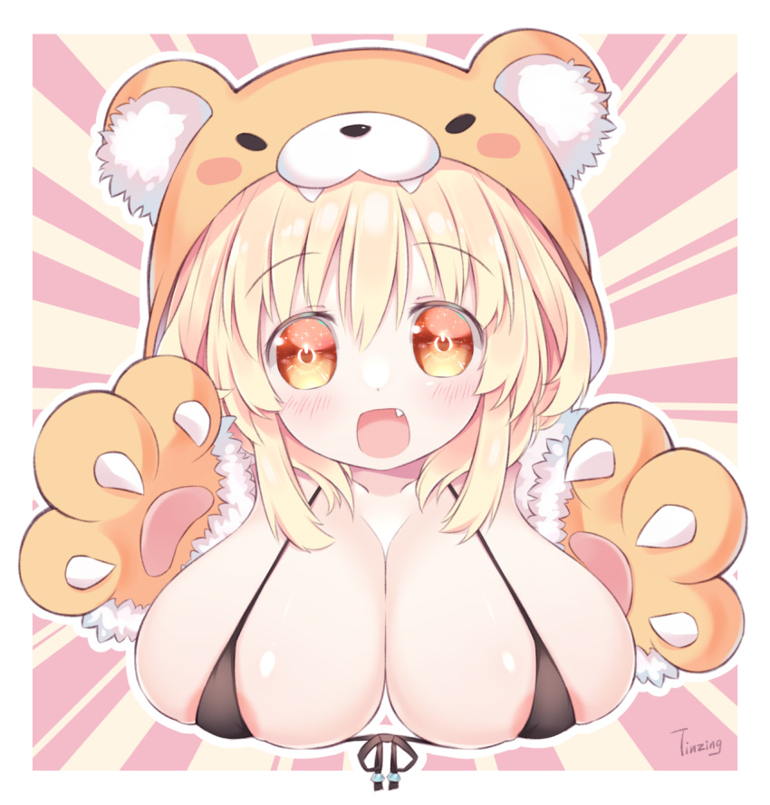 1girl animal_ears areola_slip areolae bare_shoulders blonde_hair blush breasts eyebrows_visible_through_hair fang gloves happy highres horns kami_jigen_game_neptune_v large_breasts long_hair neptune_(series) open_mouth orange_eyes power_symbol skindentation smile solo symbol-shaped_pupils tinzing_saamzong yellow_heart