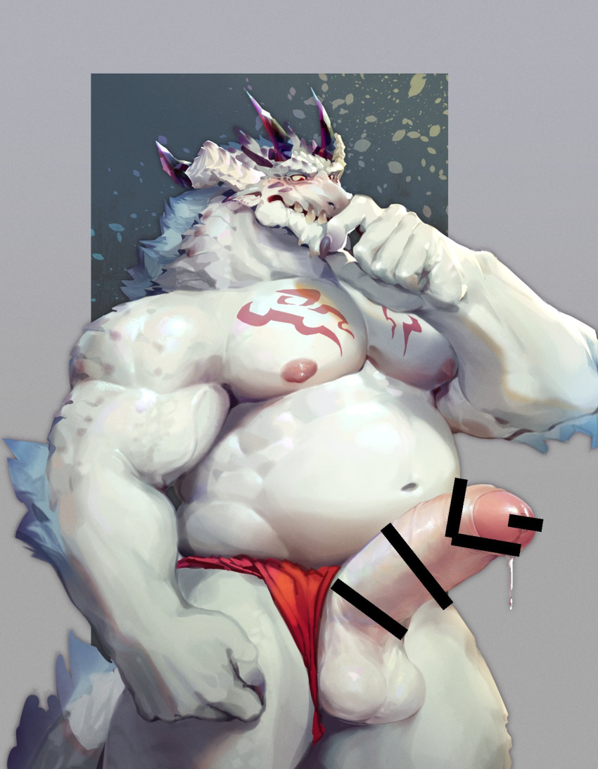 2020 5_fingers anthro asian_clothing balls biped censor_bar chest_markings claws clothing colored dragon east_asian_clothing fingers fundoshi fundoshi_only genitals grey_balls grey_body grey_penis grey_scales hi_res horn humanoid_hands japanese_clothing male markings musclegut muscular muscular_anthro muscular_male muscular_thighs navel nipples omochi_kuitai pecs penis red_clothing red_eyes red_fundoshi red_underwear scales scalie underwear yellow_sclera