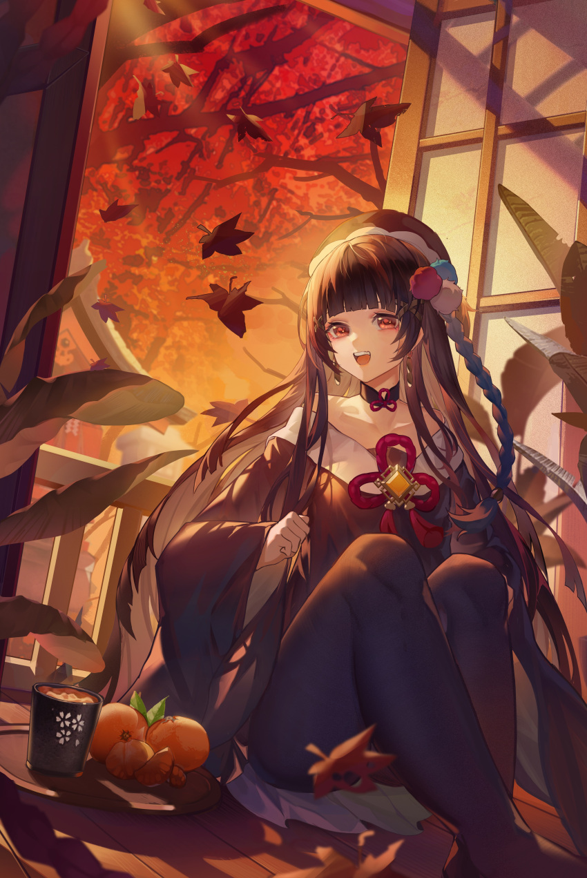 1girl :d absurdres autumn_leaves bangs bare_shoulders black_legwear blunt_bangs blurry blurry_background blurry_foreground braid breasts brown_hair chinese_commentary collar collarbone commentary_request crossed_ankles cup depth_of_field dress earrings food fruit genshin_impact highres jewelry jinjide_shaonian juice leaf light_rays long_hair maple_leaf off-shoulder_dress off_shoulder open_mouth orange_(fruit) pantyhose plant red_eyes shadow sitting small_breasts smile solo sunlight sunset tree window yun_jin_(genshin_impact)