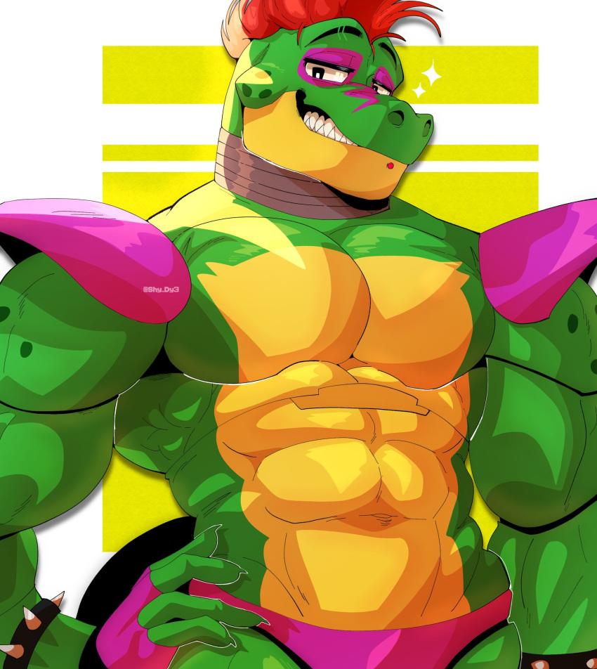 2022 abs alligator alligatorid animatronic anthro big_muscles bracelet claws clothing crocodilian eyebrows facial_markings fingerless_gloves five_nights_at_freddy's five_nights_at_freddy's:_security_breach gloves hand_on_hip handwear head_markings hi_res jewelry looking_at_viewer machine male markings mohawk montgomery_gator_(fnaf) muscular muscular_anthro muscular_male narrowed_eyes navel obliques pecs reptile robot scalie scottgames shoulder_pads shy_dy3 simple_background smile solo spiked_bracelet spikes standing teeth text thong underwear url video_games white_background yellow_background