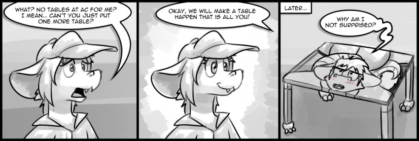 ambiguous_gender animate_inanimate anthro clothed clothing comic convention dialogue dragon eyelashes humor inanimate_transformation offscreen_character smile speech_bubble suk0tto table text transformation what