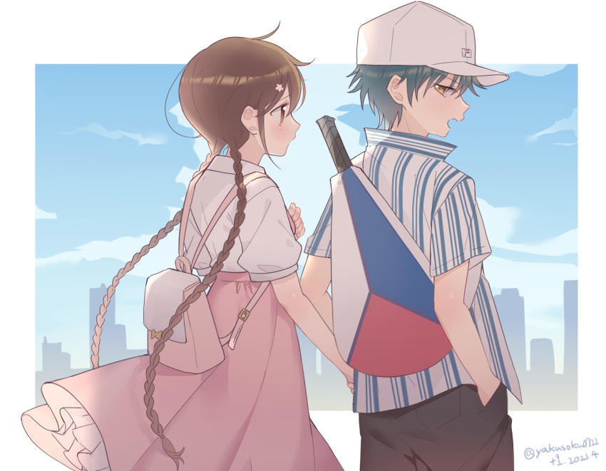 +1_(yakusoku0722) 1boy 1girl backpack bag black_hair braid brown_eyes brown_hair cityscape cloud couple day dress echizen_ryooma flower hair_flower hair_ornament hand_in_pocket hetero highres holding_hands long_hair open_mouth outdoors pink_dress puffy_short_sleeves puffy_sleeves racket ryuuzaki_sakuno shirt short_hair short_sleeves standing striped striped_shirt tennis_no_ouji-sama tennis_racket twin_braids very_long_hair white_shirt yellow_eyes