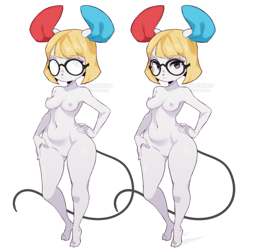 2022 animal_crossing anthro areola blonde_hair blue_inner_ear breasts coffeechicken eyewear eyewear_only female genitals glasses glasses_only hair hi_res looking_at_viewer mammal mouse murid murine navel nintendo nipples nude petri_(animal_crossing) pussy red_inner_ear rodent short_hair simple_background solo video_games