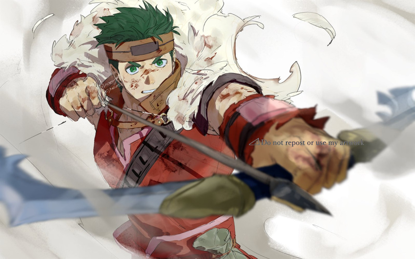 1boy 91007 armor bow_(weapon) boyd_(fire_emblem) fire_emblem fire_emblem:_path_of_radiance green_hair headband highres holding holding_bow_(weapon) holding_weapon incoming_attack leather looking_at_viewer male_focus solo upper_body weapon