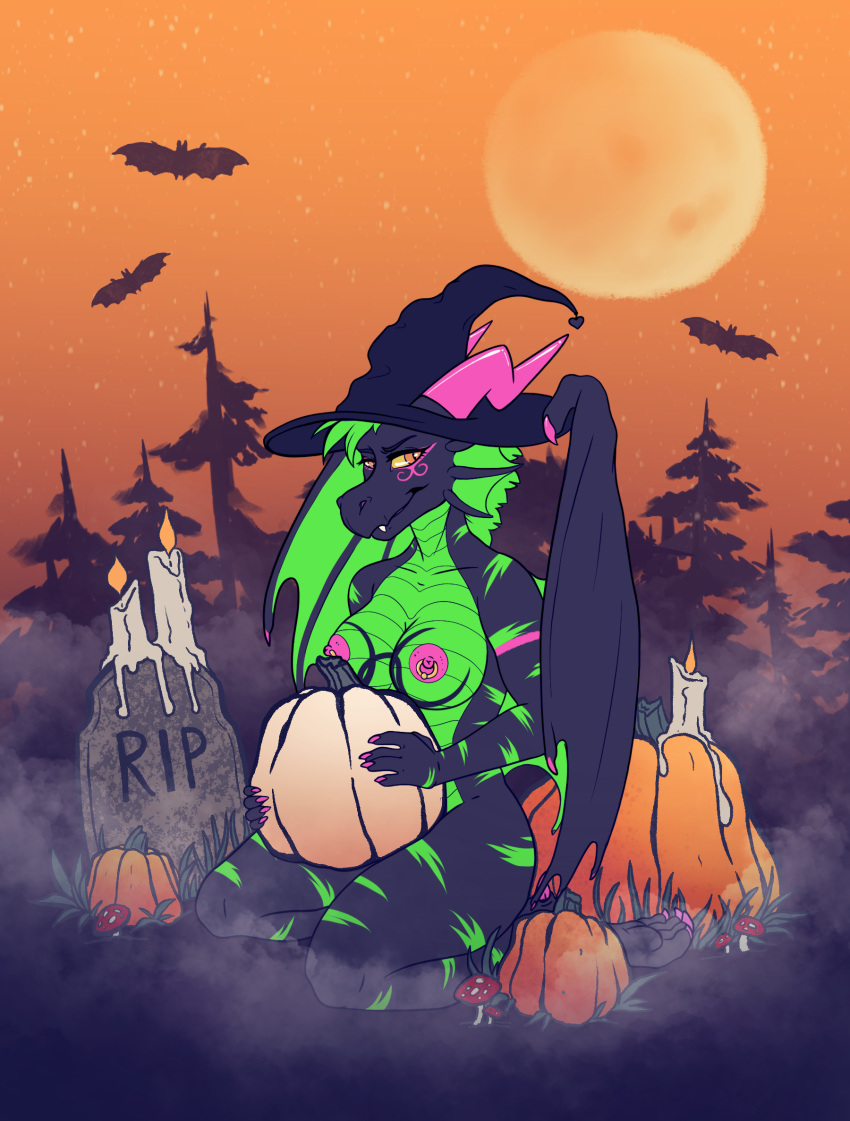 anthro biohazard_symbol breasts candle cemetery dragon female food fruit halloween hi_res holidays miss_chemical neonpeppermint nipple_piercing nipples nude piercing plant pumpkin solo symbol wings