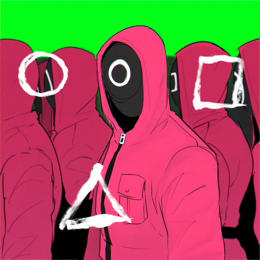 6+others black_mask breast_pocket circle facing_viewer gj_gwaeji green_background highres hood hood_up jacket mask multiple_others pink_jacket pocket soldier_(squid_game) square squid_game triangle