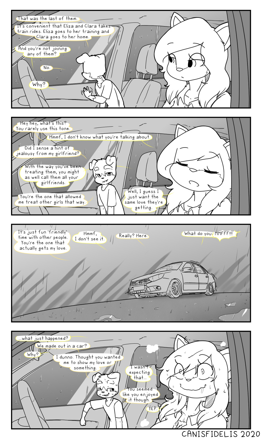 2020 absurd_res anthro black_and_white blush bodily_fluids canid canine canis canisfidelis car clothed clothing comic dialogue domestic_dog drooling duo english_text eyebrows eyes_closed female floppy_ears hair hi_res humor humphrey_(canisfidelis) inside_car kiss_mark looking_at_another male mammal monochrome open_mouth outside saliva seashell_(canisfidelis) shirt sitting speech_bubble sweat text topwear vehicle young