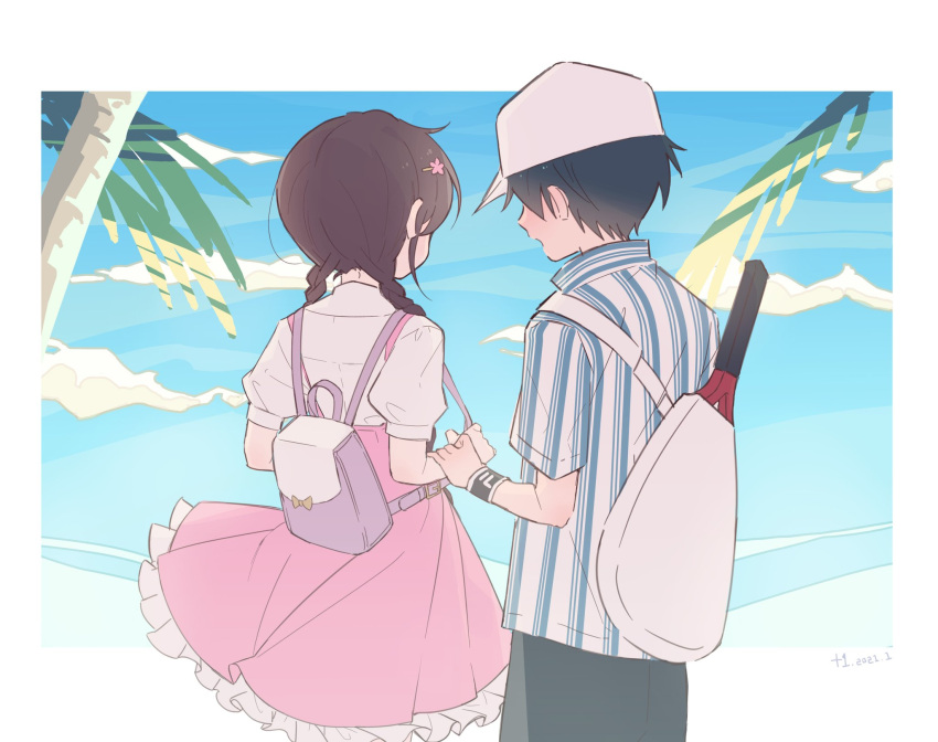 +1_(yakusoku0722) 1boy 1girl backpack bag black_hair braid brown_hair cloud couple dress echizen_ryooma flower frilled_dress frills hair_flower hair_ornament hairclip hetero highres long_hair outdoors palm_tree pink_dress puffy_short_sleeves puffy_sleeves racket ryuuzaki_sakuno seishun_academy_uniform shirt short_hair short_sleeves standing striped striped_shirt tennis_no_ouji-sama tennis_racket tree twin_braids upper_body white_shirt