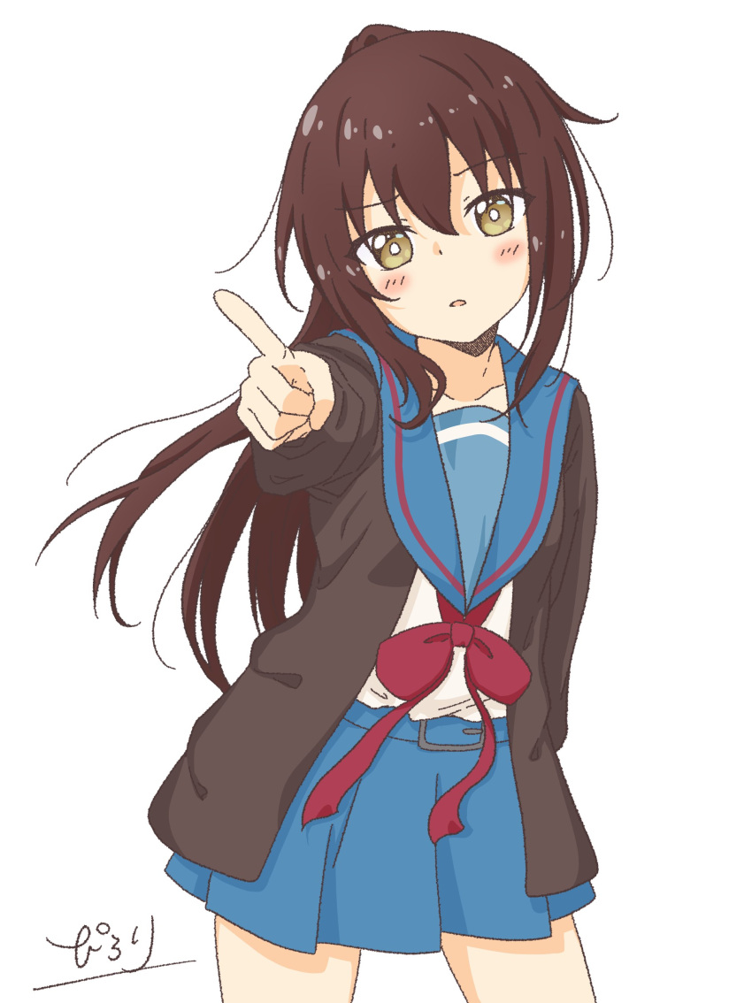 1girl absurdres bangs belt blue_sailor_collar blue_skirt blush brown_cardigan brown_eyes brown_hair cardigan collarbone commentary_request commission eyebrows_visible_through_hair eyes_visible_through_hair genderswap genderswap_(mtf) hair_between_eyes highres index_finger_raised kita_high_school_uniform kyonko long_hair long_sleeves looking_at_viewer open_cardigan open_clothes open_mouth pilolimaru ponytail red_ribbon ribbon sailor_collar school_uniform serafuku signature simple_background skeb_commission skirt solo suzumiya_haruhi_no_yuuutsu white_background