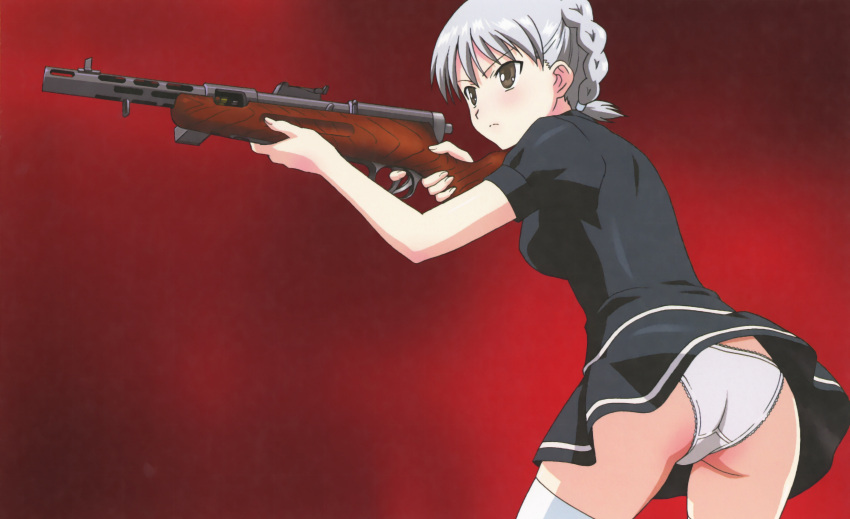 1girl absurdres aiming ass black_dress braid breasts brown_eyes crotch_seam day dress french_braid frills gun highres holding holding_gun holding_weapon medium_breasts official_art panties red_background rifle silver_hair solo stratos_4 tachibana_mirei thighhighs underwear v-shaped_eyebrows weapon white_legwear white_panties wind wind_lift yamauchi_noriyasu