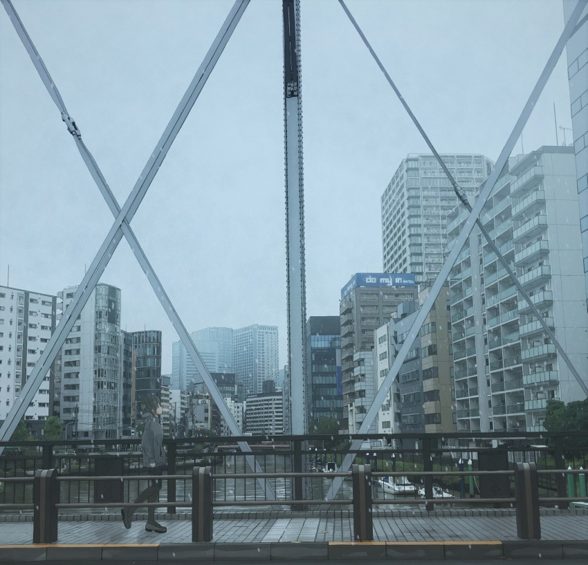 1girl black_hair bridge building cityscape grey_hoodie grey_sky highres hood hoodie original pantyhose photo-referenced real_world_location river sky skyscraper snowing solo unagi189 walking wide_shot