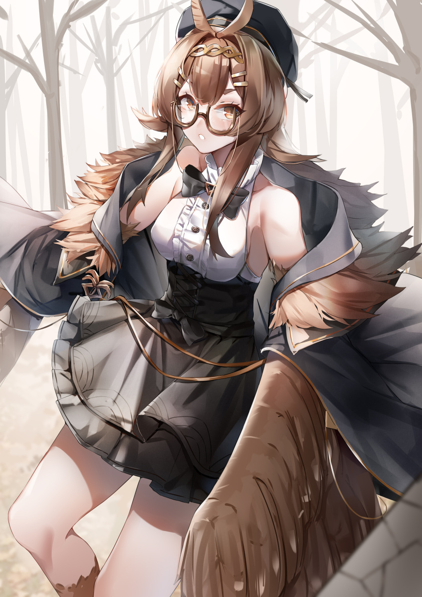1girl absurdres bangs bare_shoulders black_bow black_bowtie black_headwear black_jacket black_skirt bow bowtie breasts brown_eyes brown_hair clover_theater commentary_request feathered_wings glasses hair_ornament hairclip harpy hat high-waist_skirt highres jacket long_hair looking_at_viewer lubikaya medium_breasts monster_girl norris_(clover_theater) off_shoulder open_clothes open_jacket outdoors parted_lips semi-rimless_eyewear shirt skirt sleeves_past_wrists solo standing thick_eyebrows white_shirt winged_arms wings