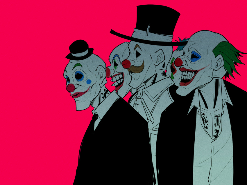 5boys clown collared_shirt facial_hair gj_gwaeji green_hair grin hat highres jacket male_focus multiple_boys mustache necktie open_clothes open_jacket open_mouth original pink_background red_lips red_nose shirt short_hair simple_background smile tattoo teeth top_hat upper_body