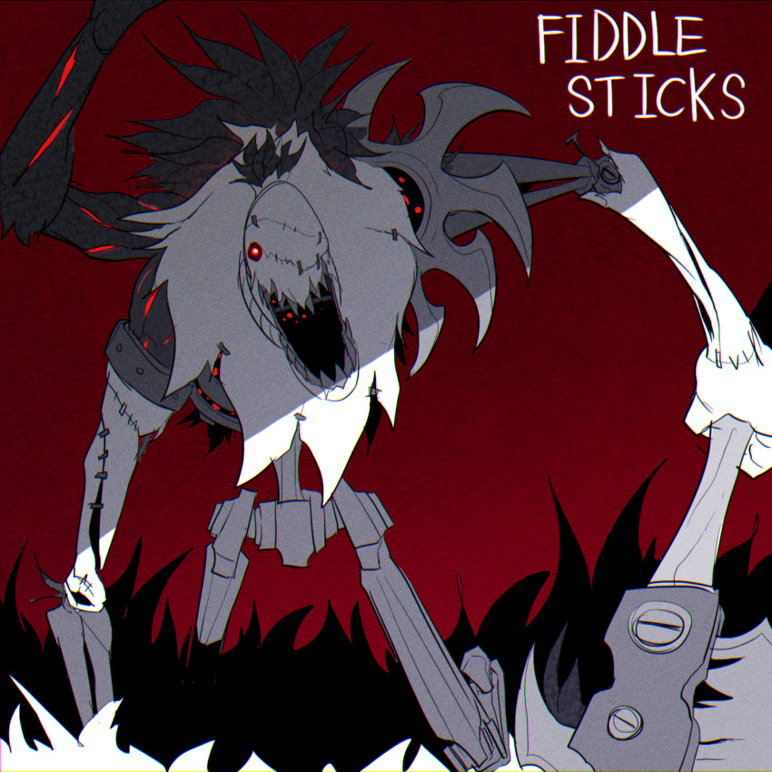 black_background character_name creature fiddlesticks gj_gwaeji highres holding holding_scythe league_of_legends looking_at_viewer open_mouth red_background red_eyes scarecrow scythe sharp_teeth teeth