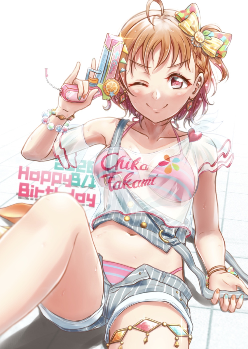 1girl 2020 ;) ahoge bare_arms bare_legs bikini bikini_under_clothes blue_nails bracelet breasts brown_hair cleavage closed_mouth collarbone earrings grey_shorts gun halterneck happy_birthday highres holding holding_gun holding_weapon jewelry looking_at_viewer love_live! love_live!_sunshine!! medium_breasts midriff multicolored_nails nail_polish navel one_eye_closed open_clothes open_shorts orange_nails pink_bikini red_eyes short_hair short_shorts shorts smile solo stomach striped striped_bikini striped_shorts swimsuit takami_chika thighlet toine vertical-striped_shorts vertical_stripes water_gun weapon