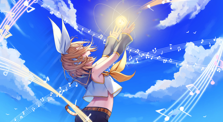 1girl absurdres arched_back armpits arms_up bare_shoulders beamed_eighth_notes beamed_sixteenth_notes blonde_hair blue_sky bow breasts cloud crop_top detached_sleeves eighth_note floating_hair glowing hair_bow hair_ornament hairclip half_note headphones headset highres inu8neko kagamine_rin musical_note neckerchief open_mouth quarter_note reaching sailor_collar see-through_silhouette shirt short_hair shorts sixteenth_note sky sleeveless sleeveless_shirt small_breasts smile solo staff_(music) vocaloid yellow_neckerchief