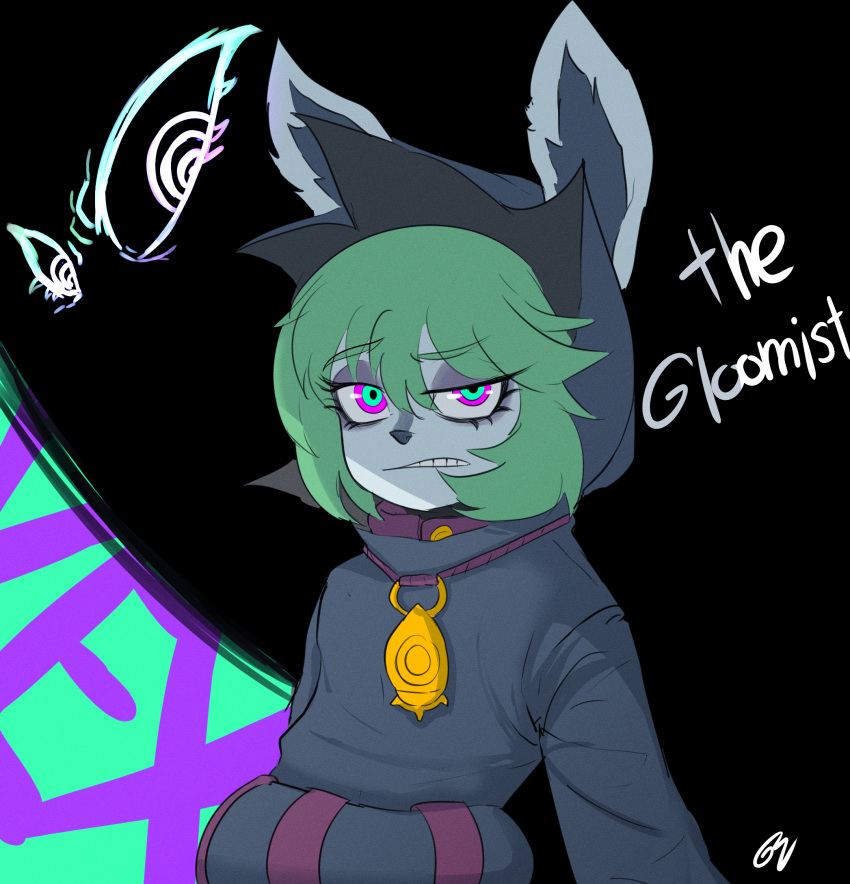 1girl bangs black_background black_hoodie character_name clenched_teeth colored_skin eyebrows_visible_through_hair gj_gwaeji green_background green_eyes green_hair grey_skin hair_between_eyes half-closed_eye highres hood hood_up hoodie league_of_legends long_sleeves looking_at_viewer pink_eyes short_hair solo teeth vex_(league_of_legends) yordle