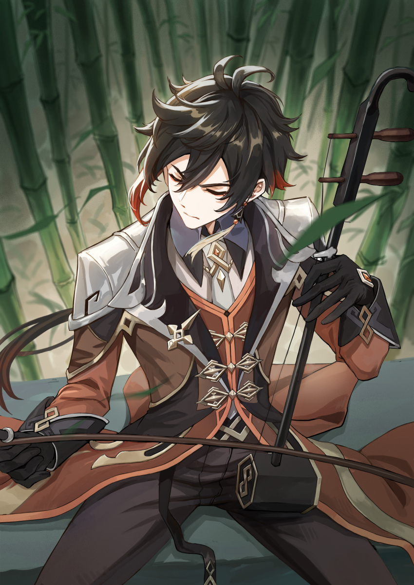 1boy absurdres antenna_hair bamboo bamboo_forest bangs black_gloves black_pants black_shirt blush bow_(music) brown_hair brown_jacket brown_vest closed_eyes closed_mouth collared_shirt commentary_request diechong erhu eyebrows_visible_through_hair eyeshadow forest gem genshin_impact gloves hair_between_eyes highres holding holding_instrument instrument jacket long_hair long_sleeves looking_at_viewer low_ponytail makeup male_focus nature pants ponytail red_eyeshadow serious shirt sidelocks sitting solo suit_jacket tailcoat thumb_ring vest wing_collar zhongli_(genshin_impact)