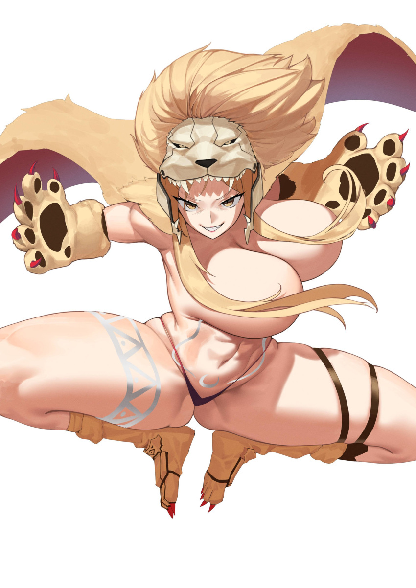 1girl abs absurdres animal_hands blonde_hair body_markings breasts cape convenient_censoring gloves grin hair_censor hair_over_breasts highres huge_breasts jumping last_origin lion_hood lion_mane long_hair navel paw_gloves queen_of_mane siguya simple_background smile solo topless white_background yellow_eyes
