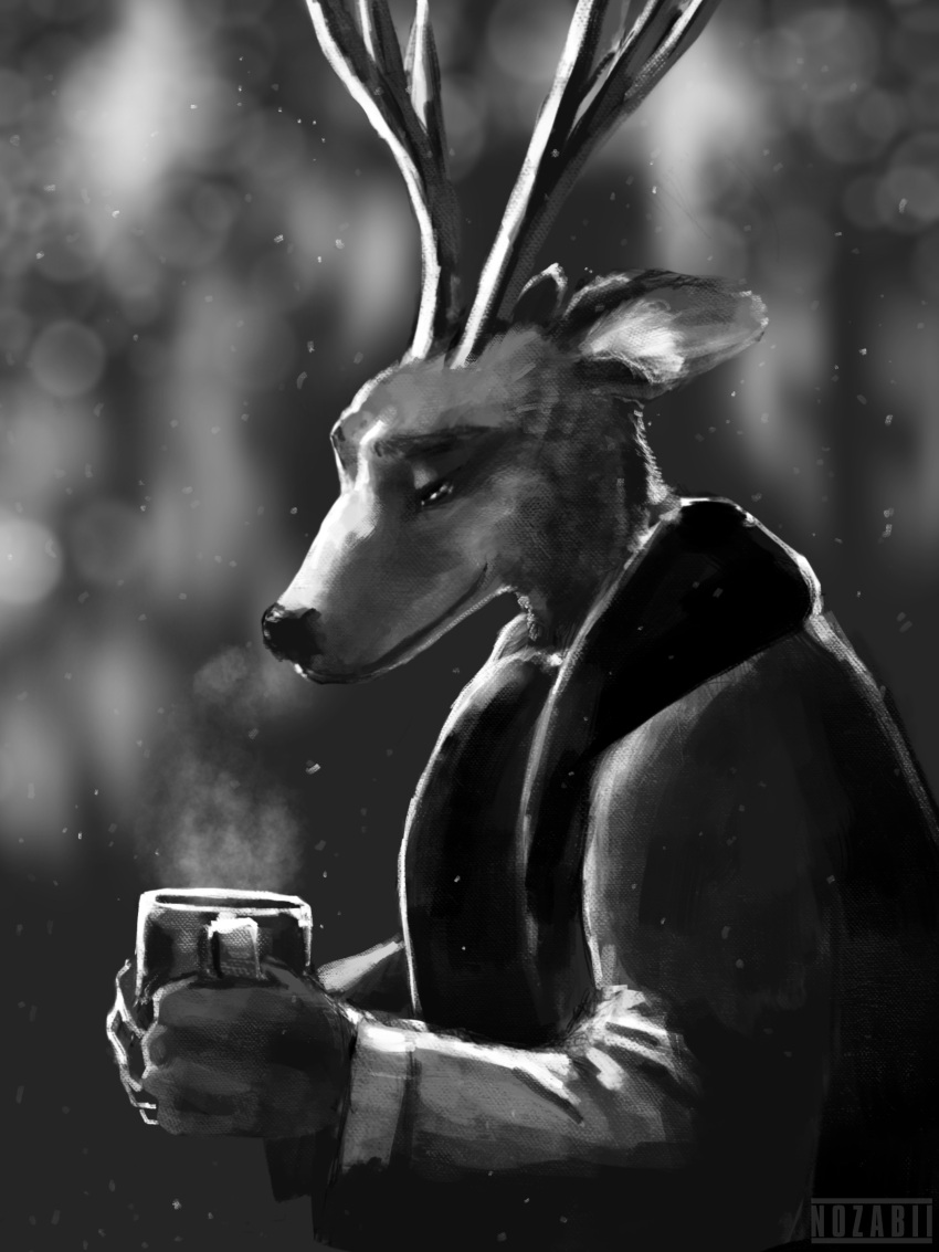 absurd_res anthro antlers beastars beverage black_and_white candy cervid chocolate christmas clothing coat dessert food hi_res holidays horn hot_chocolate hot_drink louis_(beastars) male mammal monochrome nozabii smile snow solo topwear winter