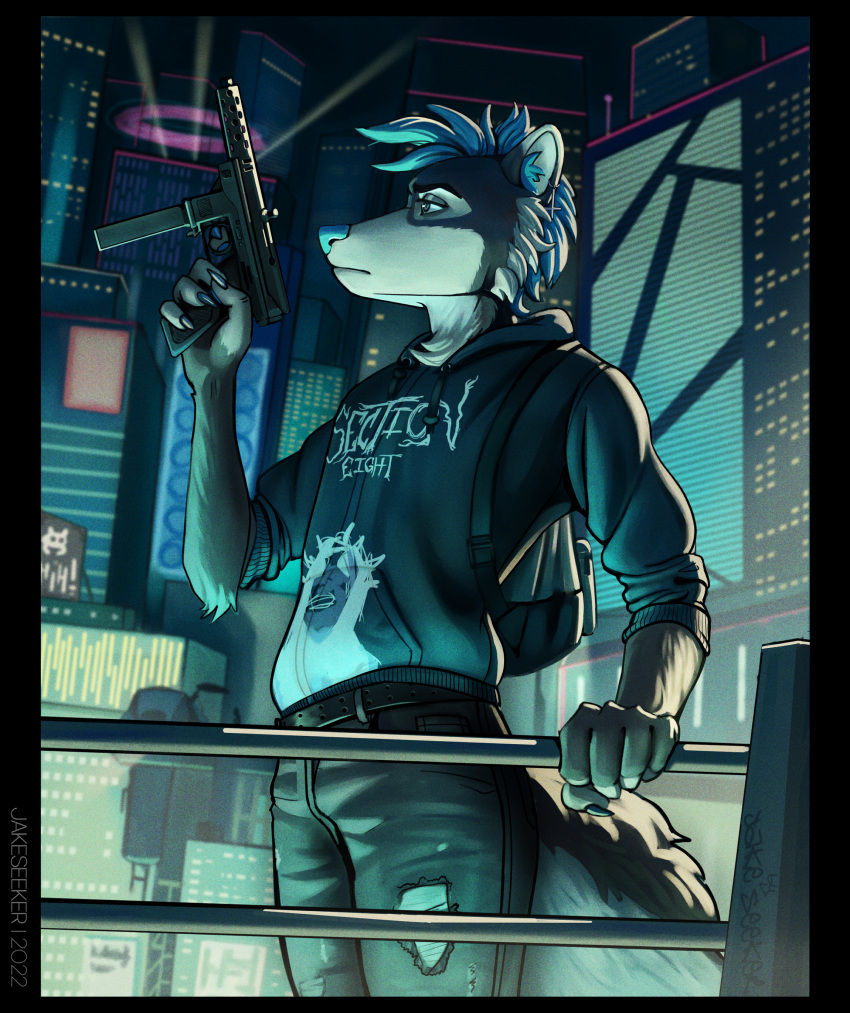 absurd_res anthro canid canine canis city clothed clothing confident cyberpunk detailed_background digital_media_(artwork) domestic_dog fingers fur gun hair hi_res holding_object holding_weapon husky jakeseeker machine_gun male mammal night nordic_sled_dog outside pose ranged_weapon solo spitz standing topwear weapon