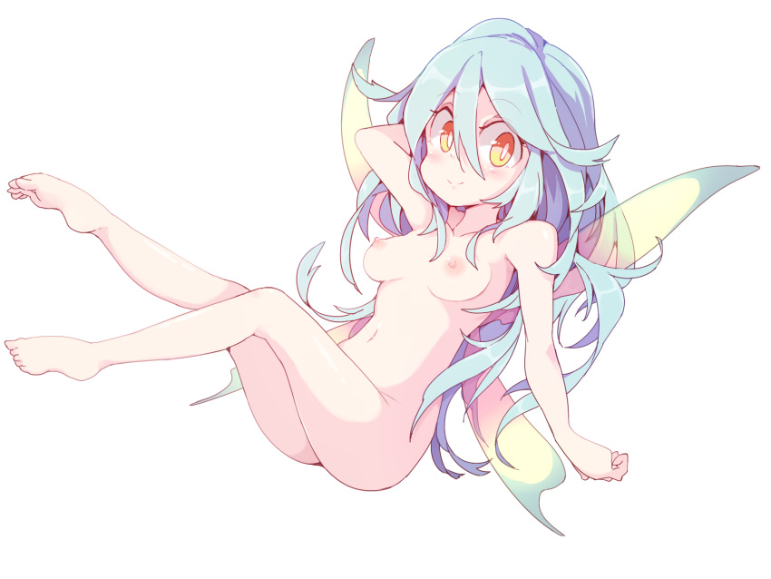 1girl arm_up breasts butterfly_wings closed_mouth completely_nude fairy frfr full_body hair_between_eyes highres light_blue_hair light_blush long_hair looking_at_viewer medium_breasts navel nipples nude orange_eyes original simple_background smile solo white_background wings