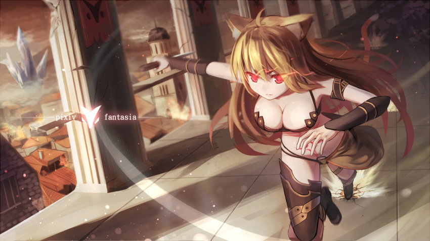 1girl ahoge animal_ears armband armor bangs banner bikini_armor blonde_hair breasts cat_ears cat_tail city cleavage commentary_request copyright_name crack destruction fire from_above full_body glowing glowing_eyes holding holding_knife knife large_breasts long_hair midriff outstretched_arm pixiv_fantasia pixiv_fantasia_t red_eyes revision running shadow solo tail tattoo tower vambraces xiaoyin_li