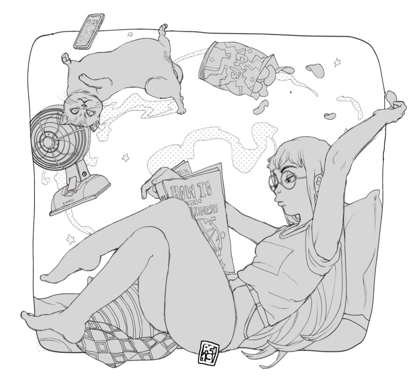 1girl armpits bag bare_legs barefoot book cat cellphone character_request chips commentary copyright_request crossed_legs electric_fan english_commentary food francesca_fedele from_side glasses greyscale halftone highres lineart long_hair monochrome nose nostrils phone potato_chips reading round_eyewear shirt sitting smartphone solo star_(symbol) telekinesis thighs very_long_hair white_theme