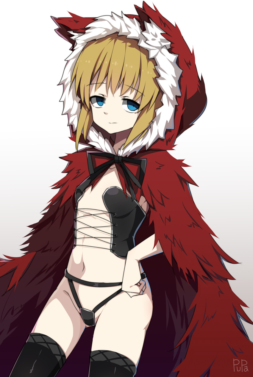 1girl absurdres animal_hood artist_name bangs black_legwear black_panties black_ribbon black_souls blonde_hair blue_eyes breasts cape chinese_commentary closed_mouth cowboy_shot cross-laced_clothes eyebrows_visible_through_hair fur-trimmed_hood fur_trim gradient gradient_background groin hand_on_hip highleg highleg_panties highres hood hood_up hooded_cape legs_apart navel panties pupa_jiang red_cape red_hood_(black_souls) ribbon short_hair small_breasts solo thighhighs underwear