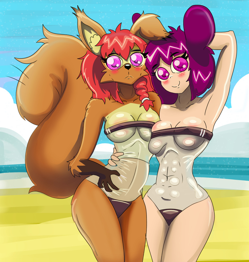 animal_humanoid anthro blush canid canine clothing duo embrace female female/female friends gris_swimsuit hi_res hug hugging_from_behind humanoid hybrid kangaroo looking_at_viewer macropod mammal mammal_humanoid marsupial meme meme_clothing miyuka mouse mouse_humanoid murid murid_humanoid murine murine_humanoid one-piece_swimsuit outside rodent rodent_humanoid sciurid seaside shy smile swimwear tama-tama translucent translucent_clothing translucent_swimwear