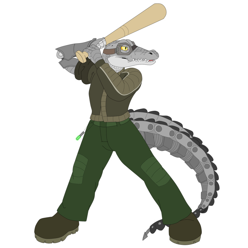 alligator alligatorid anthro baseball_(sport) bottomwear clothing crocodilian hi_res invalid_tag khramchee male pants reptile robotic_arm scalie sport