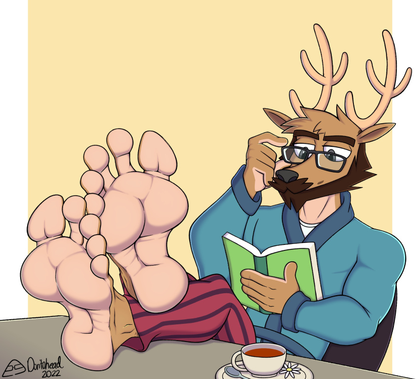 2022 anthro antlers barefoot bathrobe beverage big_feet black_nose body_hair book brown_hair cervid clothed clothing crossed_legs doritohead facial_hair feet feet_on_table feet_up foot_fetish foot_focus fur green_eyes hair hi_res horn humanoid_feet leg_hair male mammal multicolored_body muscular muscular_male reading robe simple_background soles solo tan_body tan_fur two_tone_body vaughn_venison
