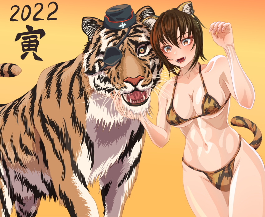 1girl 2022 animal_ears animal_print bangs bikini black_headwear breasts brown_eyes brown_hair chinese_zodiac claw_pose cleavage commentary_request eyepatch fake_animal_ears fake_tail fangs fingernails garrison_cap girls_und_panzer grass halterneck hat highres kuromorimine_military_uniform large_breasts looking_at_viewer military_hat navel new_year nishizumi_maho open_mouth orange_background orange_bikini partial_commentary print_bikini print_choker sharp_fingernails short_hair smile solo standing string_bikini swimsuit tail tiger tiger_ears tiger_print tiger_tail tigern_(tigern28502735) translated year_of_the_tiger