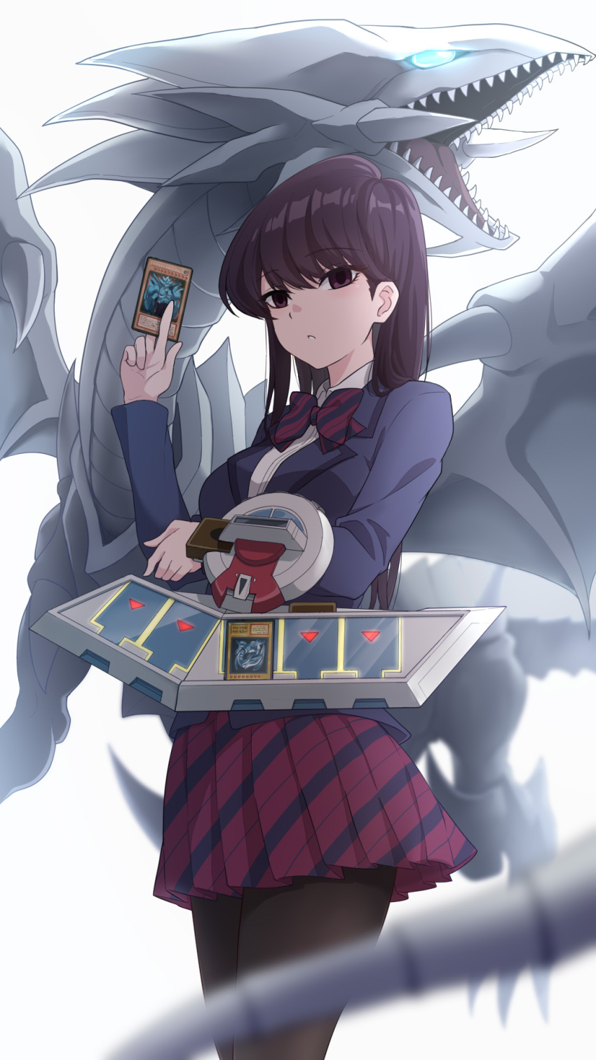 1girl black_hair black_legwear blue-eyes_white_dragon blurry blurry_foreground bow bowtie card collared_shirt dragon duel_disk duel_monster highres holding holding_card jacket komi-san_wa_komyushou_desu komi_shouko laofuzi_dai_bansho long_hair obelisk_the_tormentor pantyhose school_uniform shirt simple_background skirt standing white_background yu-gi-oh!