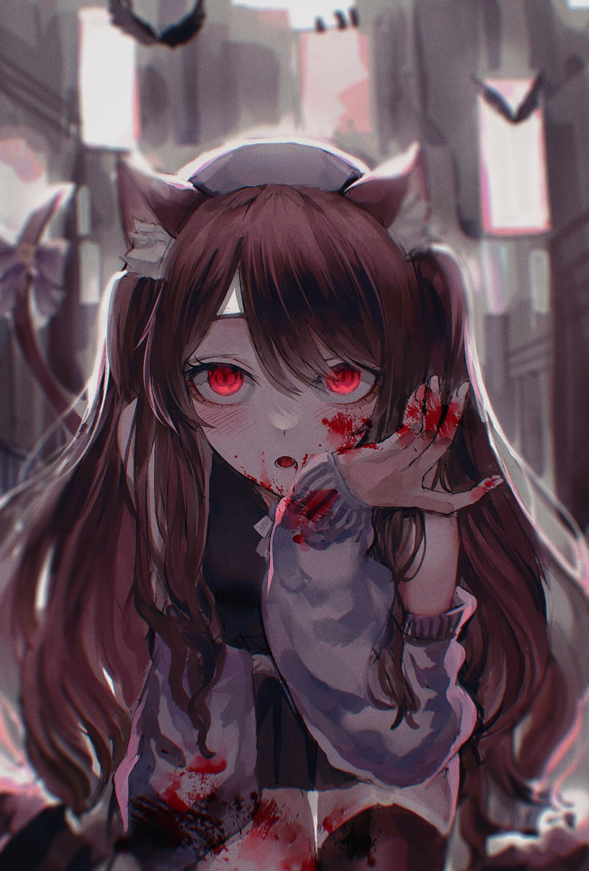 1girl :o black_legwear black_skirt blood blood_on_face blood_on_hands brown_hair commission crop_top english_commentary eyebrows_behind_hair glowing glowing_eyes highres indie_virtual_youtuber leaning_forward off_shoulder open_mouth purple_sweater red_eyes rin_(rin7kan7) second-party_source shimotsuki_miri skeb_commission skirt solo sweater thighhighs virtual_youtuber