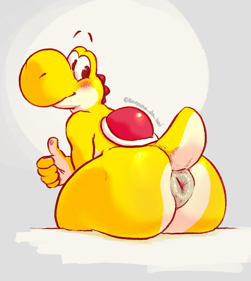 2022 anthro anus big_anus big_butt blush bubble_butt butt gesture grey_background hi_res looking_back male mario_bros nintendo nude presenting presenting_anus presenting_hindquarters puffy_anus scalie serex shell simple_background sitting smile solo text thumbs_up url video_games white_background yellow_yoshi yoshi