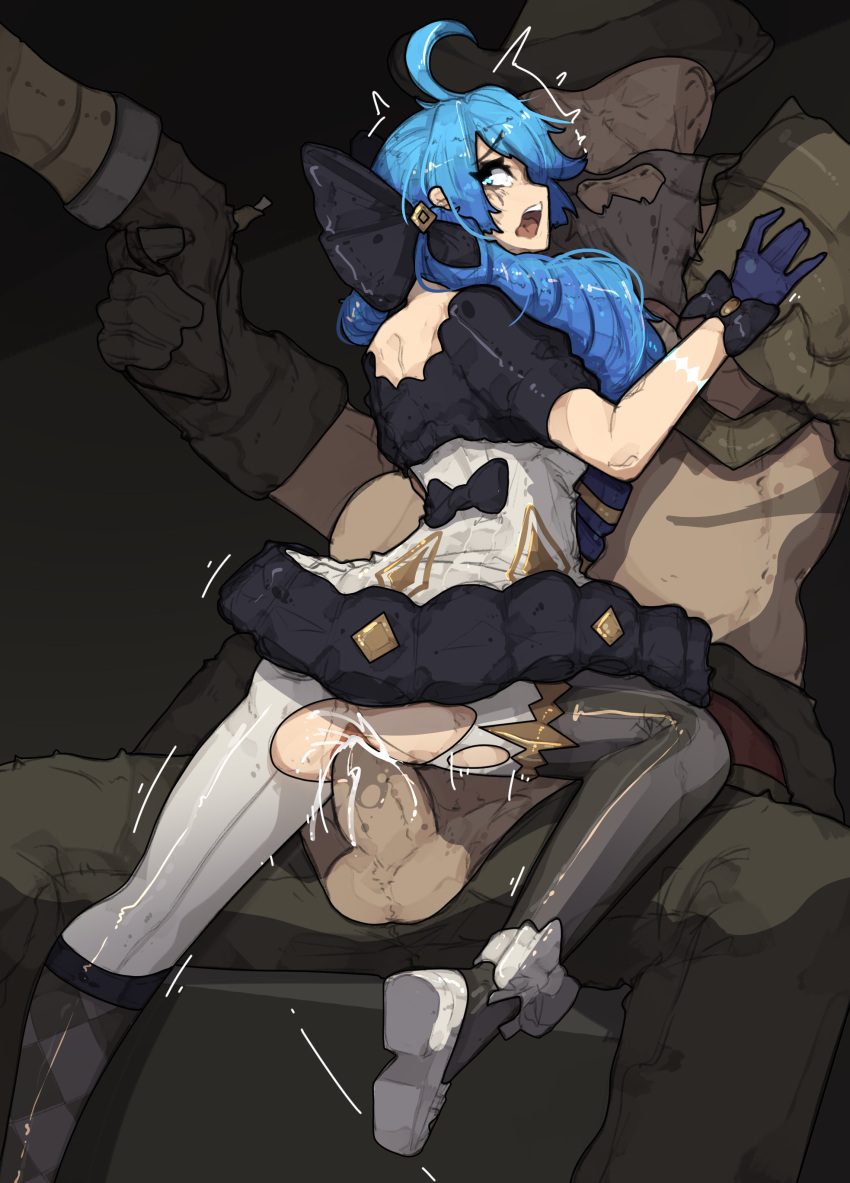 1boy 1girl absurdres ahoge armor ass black_bow black_gloves blue_eyes blue_gloves blue_hair bow brown_headwear brown_pants dress drill_hair gangplank_(league_of_legends) gloves gun gwen_(league_of_legends) hair_bow hetero highres holding holding_gun holding_weapon kneehighs league_of_legends long_hair looking_back open_mouth pants pantyhose penis pussy rape sex short_sleeves shoulder_armor shuuko_(s_h_uuko) teeth testicles torn_clothes torn_legwear trembling twintails upper_teeth vaginal weapon white_dress