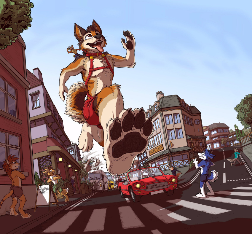 2017 anthro bottomwear building canid canine canis car cervid city clothing destruction domestic_dog fur harness hi_res macro macro_focus mammal micro open_mouth plantigrade red_bottomwear red_clothing red_shorts running shorts tirrel tirrel_(character) tongue tongue_out town underpaw unguligrade_anthro vehicle